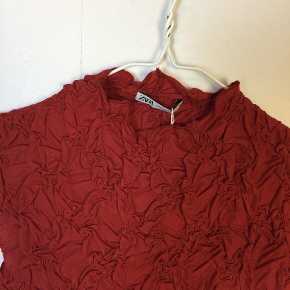 New! Zara Mini Bodycon Dress S Womans Red Textured Sleeveless Mocked Neck - Picture 11 of 13